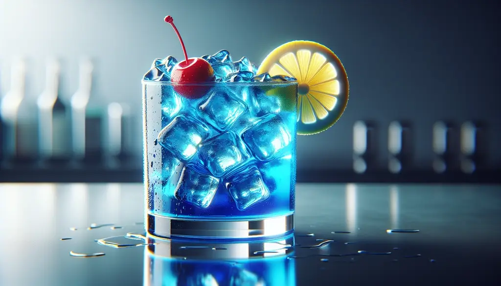 Long Island Blue con hielo, cereza y rodaja de limón en una barra de coctelería